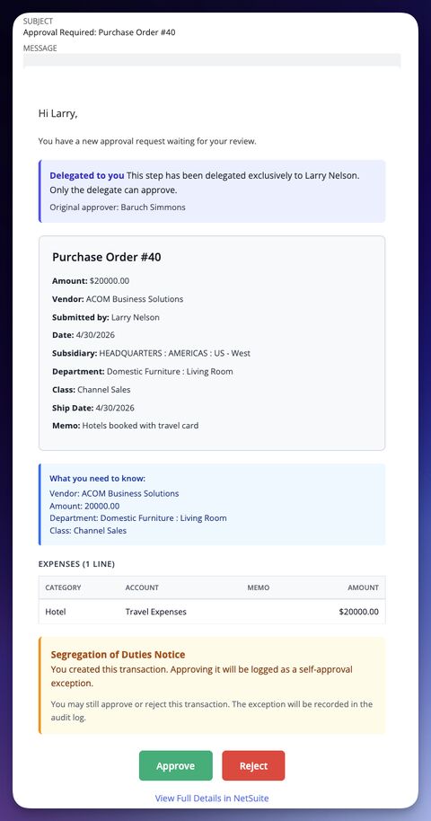 Greenlight approval email showing full transaction details, delegation notice, line items, and segregation of duties warning