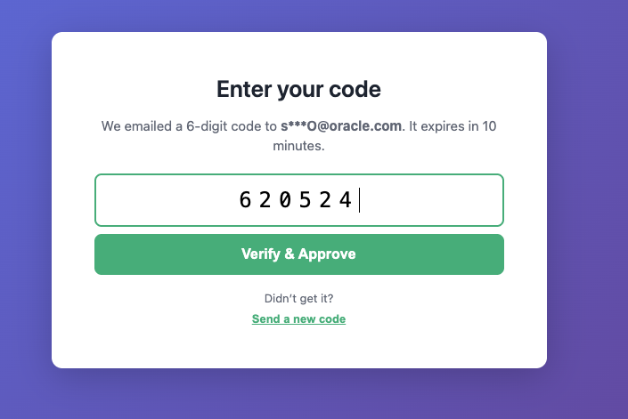 Verification screen asking the approver to enter a 6-digit code that was emailed to the assigned approver's address